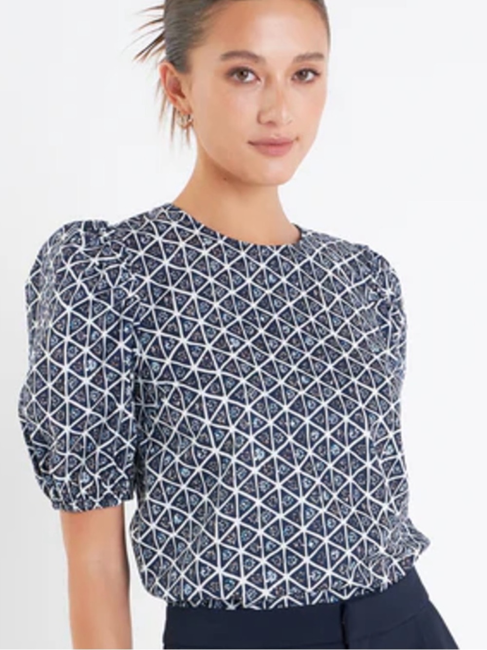 English Factory Navy Geometric Puff-Sleeve Blouse